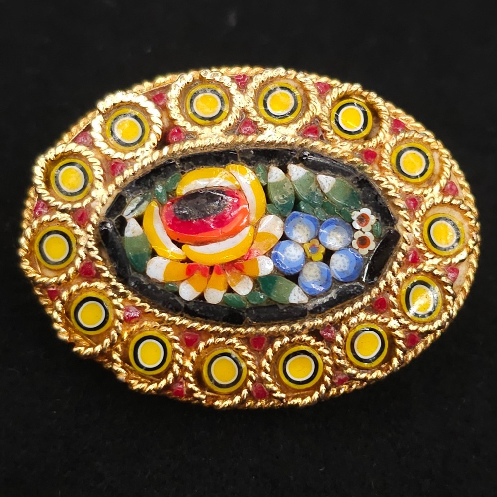 Vintage Micro Mosaic Floral Brooch Gold Tone Oval 1.25in